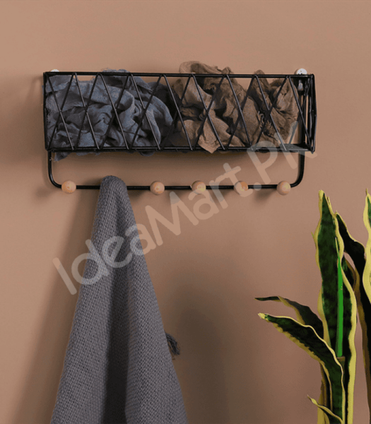 metal-criss-cross-wall-shelve-with-5-wooden-hanging-hooks-multi-purpose-key-coat-entryway-storage-home-decor-display-product-image