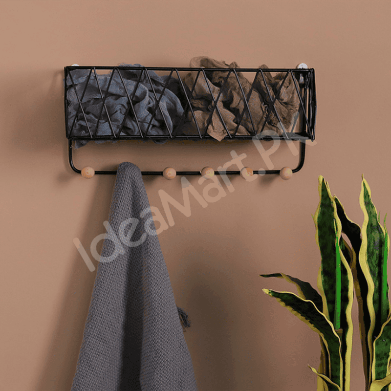 metal-criss-cross-wall-shelve-with-5-wooden-hanging-hooks-multi-purpose-key-coat-entryway-storage-home-decor-display-product-image