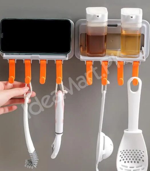 plastic-wall-mounted-kitchen-bathroom-organizer-rack-with-5-hooks-multi-purpose-storage-shelf-brush-towel-utensil-holder-product-image