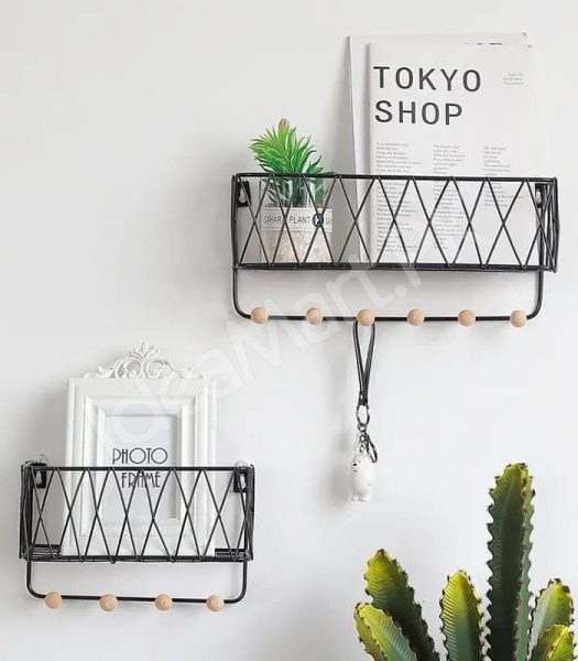 metal-criss-cross-wall-shelve-with-5-wooden-hanging-hooks-multi-purpose-key-coat-entryway-storage-home-decor-display-product-image