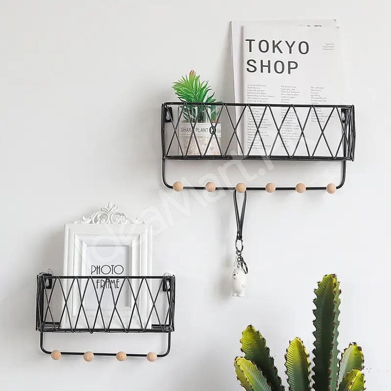 metal-criss-cross-wall-shelve-with-5-wooden-hanging-hooks-multi-purpose-key-coat-entryway-storage-home-decor-display-product-image