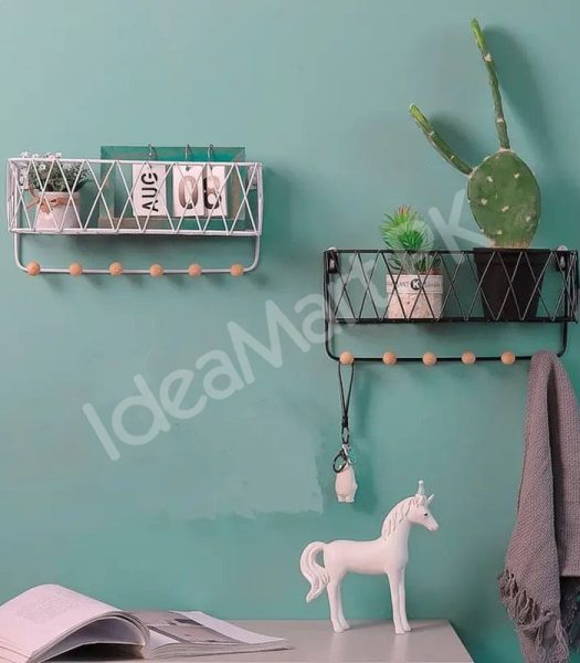 metal-criss-cross-wall-shelve-with-5-wooden-hanging-hooks-multi-purpose-key-coat-entryway-storage-home-decor-display-product-image