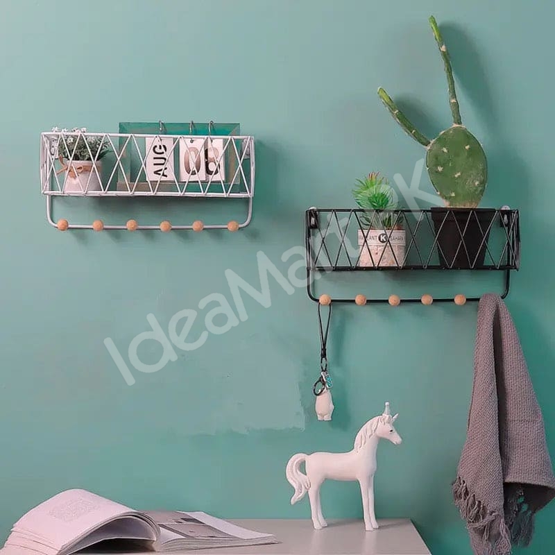 metal-criss-cross-wall-shelve-with-5-wooden-hanging-hooks-multi-purpose-key-coat-entryway-storage-home-decor-display-product-image