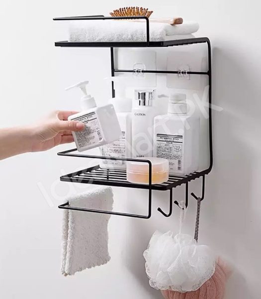 black-metal-wire-double-tier-shower-shelf-with-hanging-hooks-and-towel-bar-for-bathroom-and-kitchen-storage-product-image