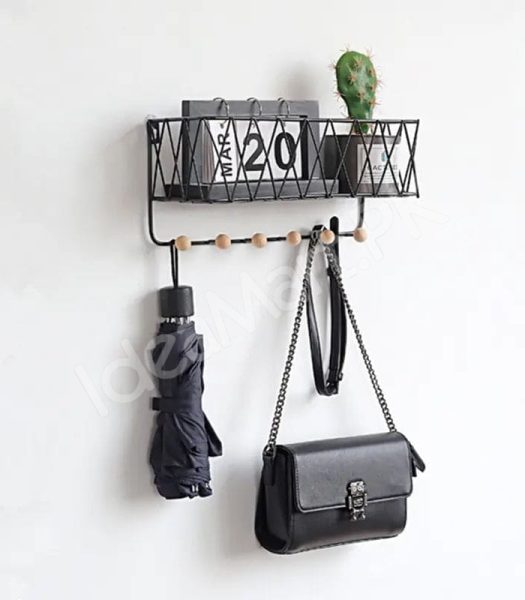 metal-criss-cross-wall-shelve-with-5-wooden-hanging-hooks-multi-purpose-key-coat-entryway-storage-home-decor-display-product-image