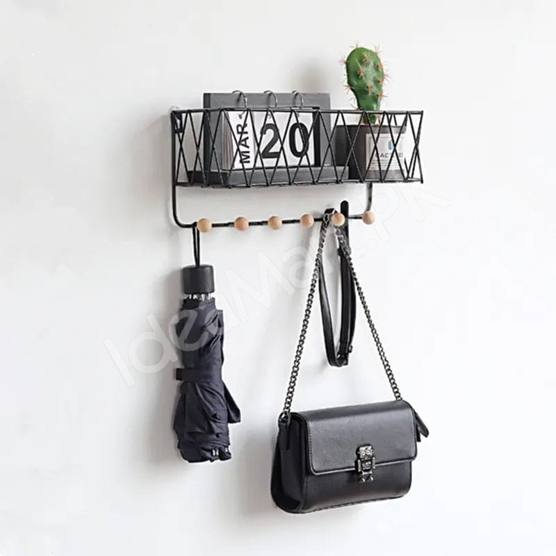 metal-criss-cross-wall-shelve-with-5-wooden-hanging-hooks-multi-purpose-key-coat-entryway-storage-home-decor-display-product-image