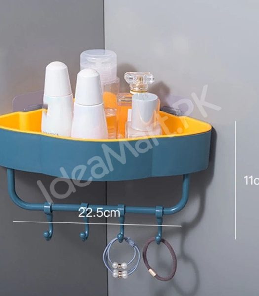 durable-plastic-corner-shower-organizer-shelf-with-4-hanging-hooks-adhesive-wall-mount-for-bathroom-toiletries-storage-product-image