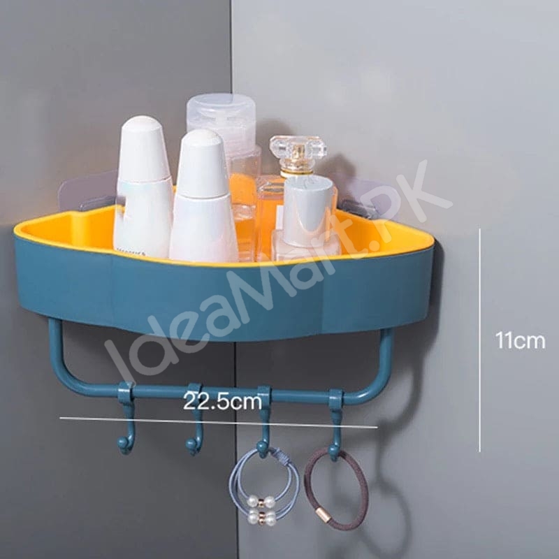 durable-plastic-corner-shower-organizer-shelf-with-4-hanging-hooks-adhesive-wall-mount-for-bathroom-toiletries-storage-product-image