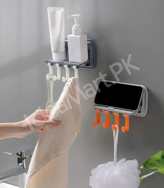 plastic-wall-mounted-kitchen-bathroom-organizer-rack-with-5-hooks-multi-purpose-storage-shelf-brush-towel-utensil-holder-product-image