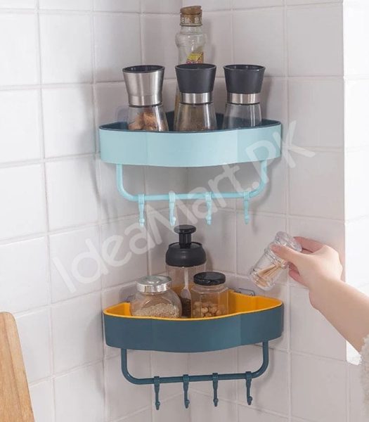 durable-plastic-corner-shower-organizer-shelf-with-4-hanging-hooks-adhesive-wall-mount-for-bathroom-toiletries-storage-product-image