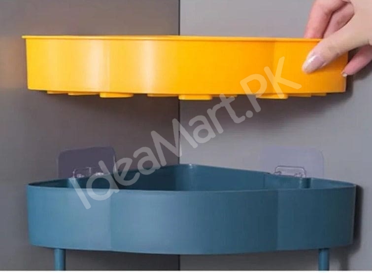 durable-plastic-corner-shower-organizer-shelf-with-4-hanging-hooks-adhesive-wall-mount-for-bathroom-toiletries-storage-product-image