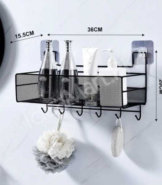 wall-mounted-metal-black-shower-storage-basket-shelf-with-adhesive-installation-and-5-hanging-hooks-for-bathroom-kitchen-storage-product-image