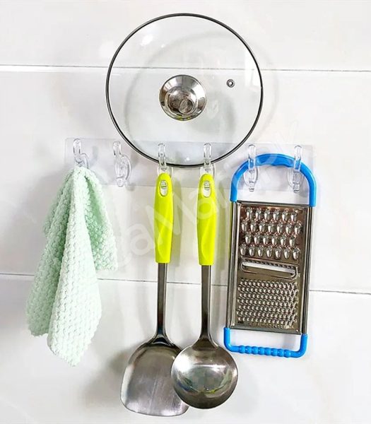 flexible-transparent-6-hook-adhesive-utility-strip-hanger-wall-mount-storage-for-bathroom-towels-kitchen-tools-home-goods-product-image