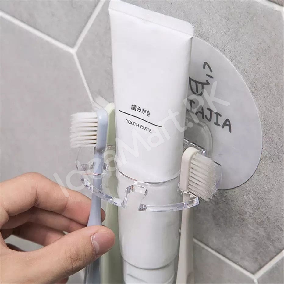 adhesive-bathroom-acrylic-toothbrush-holder-and-toothpaste-organizer-rack-with-multi-slot-wall-mount-design-product-image