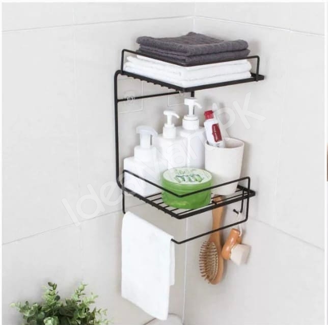 black-metal-wire-double-tier-shower-shelf-with-hanging-hooks-and-towel-bar-for-bathroom-and-kitchen-storage-product-image