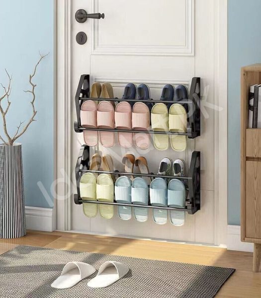 2-layer-space-saving-wall-mounted-adhesive-shoe-rack-with-hooks-foldable-door-organizer-for-slippers-sneakers-sandals-product-image